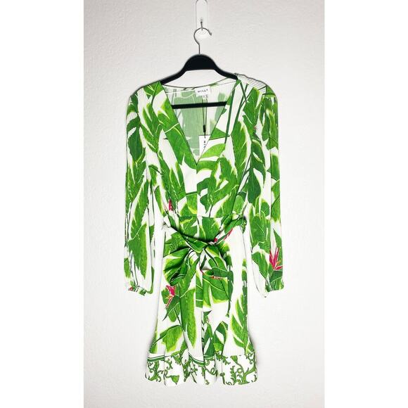 Milly Women's Liv Paradise Palm Pleated Self Tie Mini Dress Flowy Feminine NWT - Picture 2 of 9